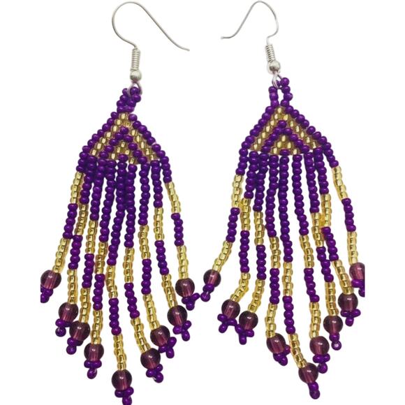 Southwestern Style Chandelier Earrings Purple Gold Seed Bead Bohowestern Boho - Picture 1 of 2